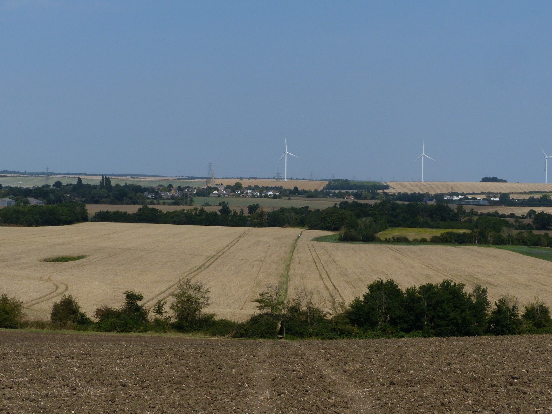path crossing a field toward a hedge and further fields with two white wind turbines under blue sky